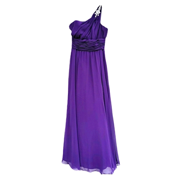 MoriLee Madeline Gardner Jeweled One Shoulder Purple Empire Waist Evening Gown 8 - Picture 2 of 16